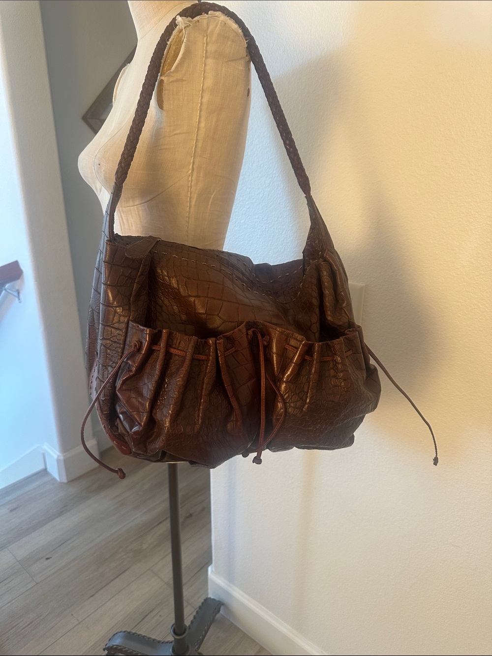 Carlos Falchi Dark Brown Croc-Embossed Leather Shoulder Bag